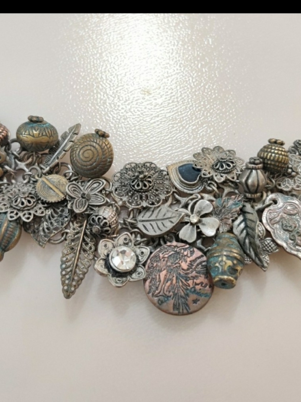 Vintage-Inspired Silver and Antique Gold Charm Bracelet Necklace